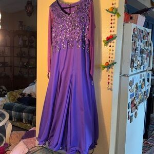 EUC Purple Ballroom Chiffon Long sleeve Smooth Dress Gown with Crystals and flor